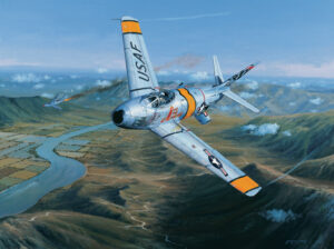A dramatic limited edition print by Philip E. West showing a US Air Force F-86 Sabre in a high-speed dogfight with a Soviet MiG-15 over Korea.