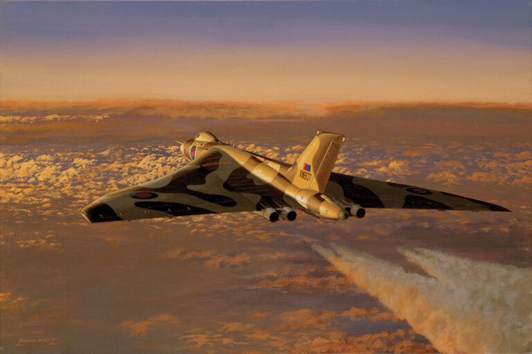 A stunning limited edition print by Philip E. West showing Avro Vulcan XM607 at high altitude during the 1982 Falklands War work-up period.
