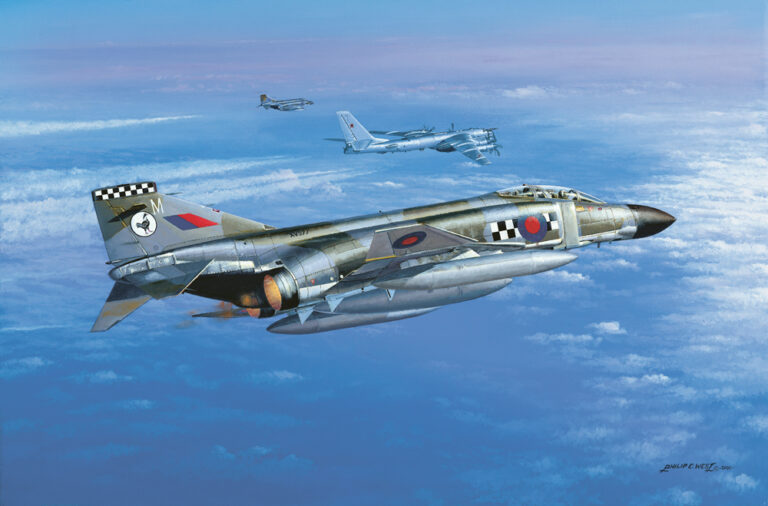 A dramatic limited edition print by Philip E. West showing two RAF FG1 Phantoms escorting a Soviet Tupolev Tu-142 surveillance plane over the sea.