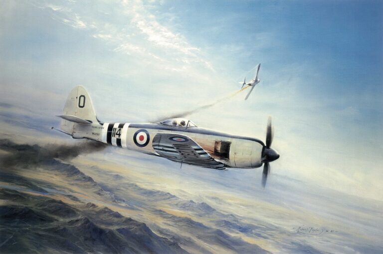 A dramatic limited edition print showing a Royal Navy Hawker Sea Fury fighter engaging a North Korean MiG-15 jet fighter.