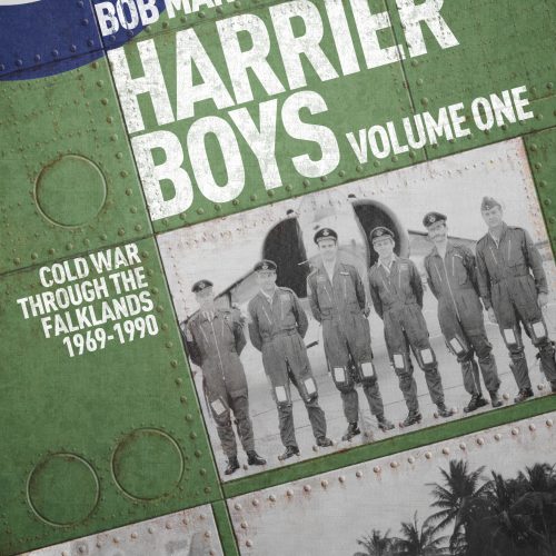 A copy of the book Harrier Boys Volume One by Bob Marston, featuring the Harrier jump jet in flight.