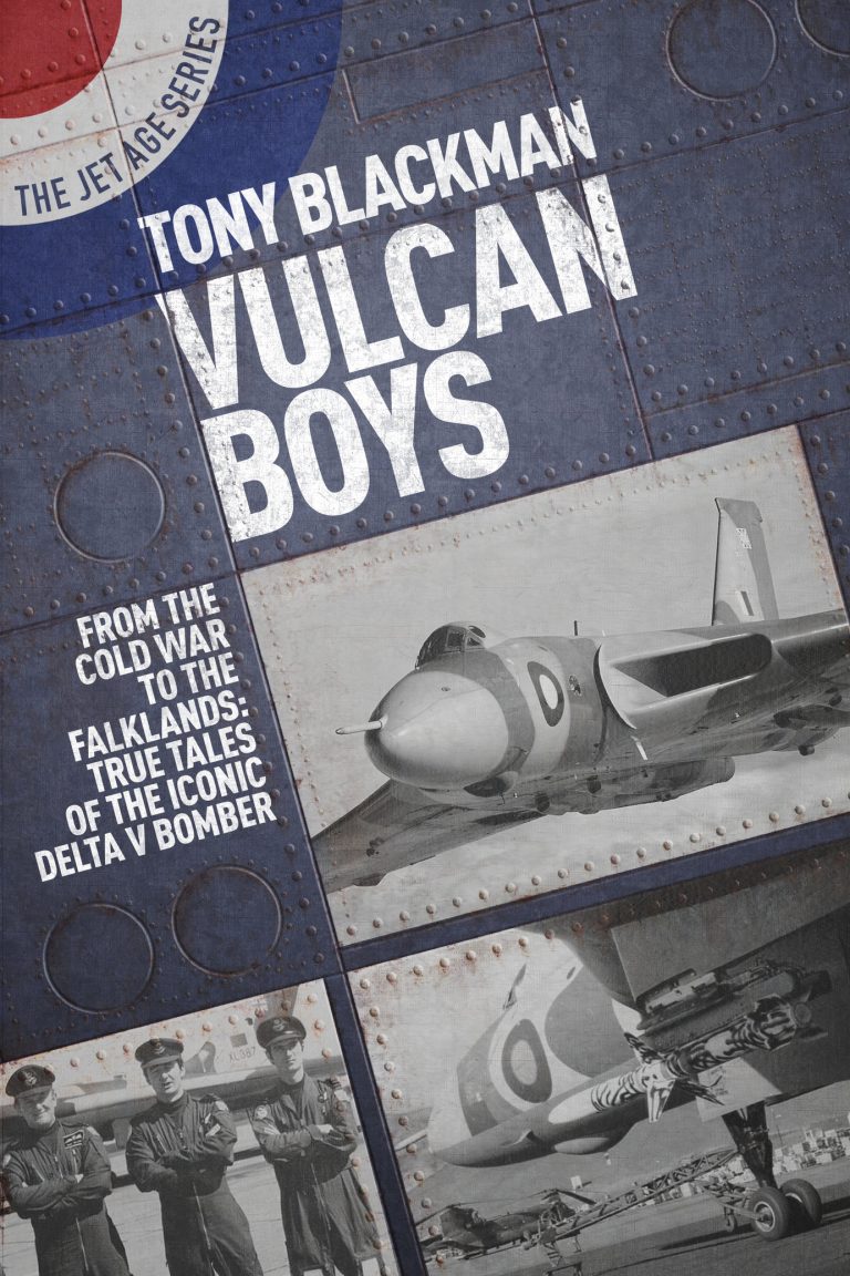 The front cover of the aviation book Vulcan Boys, showing an Avro Vulcan in its camouflage livery taking off with its delta wings clearly visible.