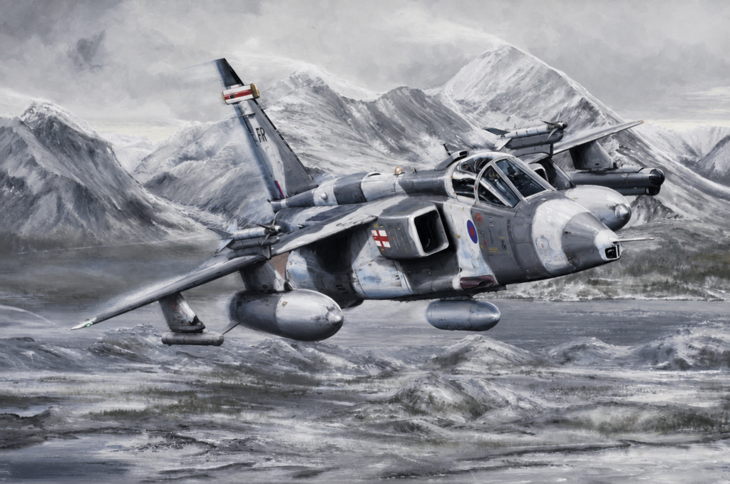 Grey military jet flying low over snow-covered mountains with a rugged, wintry landscape in the background, cockpit visible.