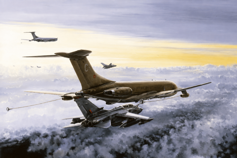 A large military air tanker refuels a fighter jet mid‑flight above clouds at sunset, with more aircraft visible in the distance.