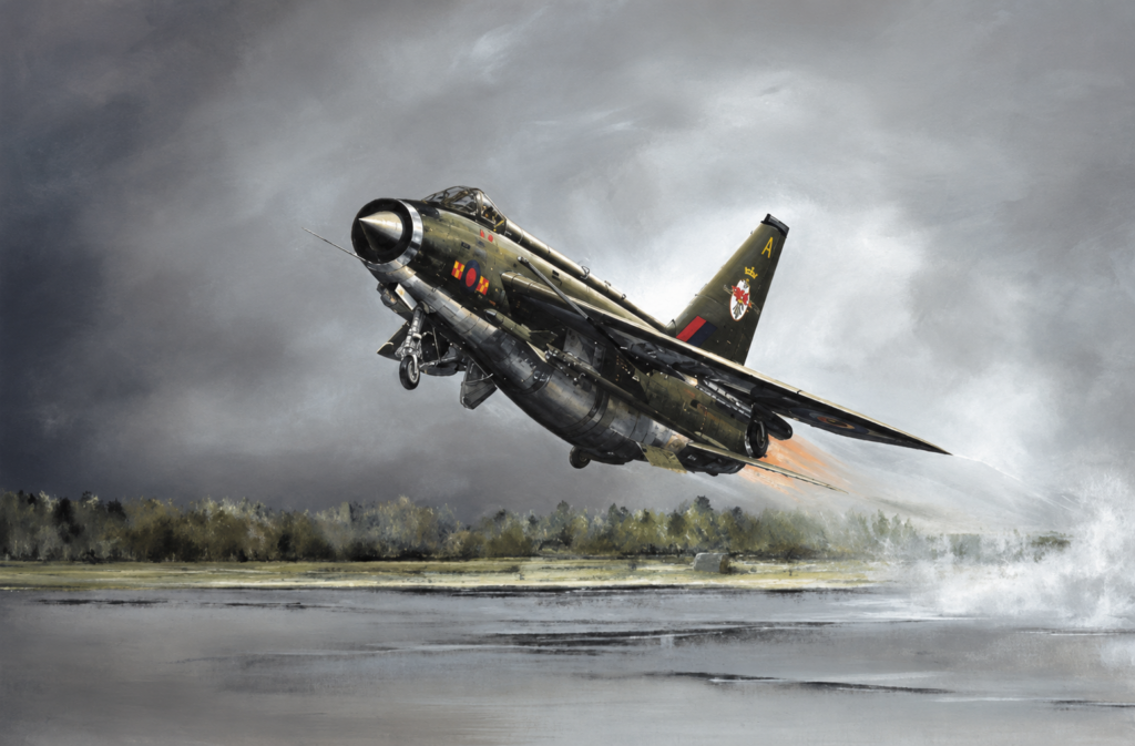 EE Lightning lifting off from a wet runway, spraying water as it climbs under a cloudy sky from RAF Gutersloh