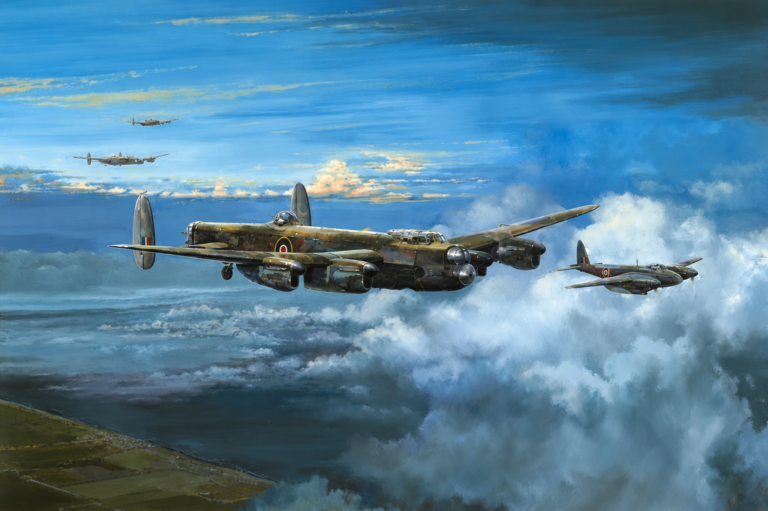 WWII-era RAF Lancaster bomber with four engines flying in formation over a cloudy sea and coastline, with two smaller planes in the distance.