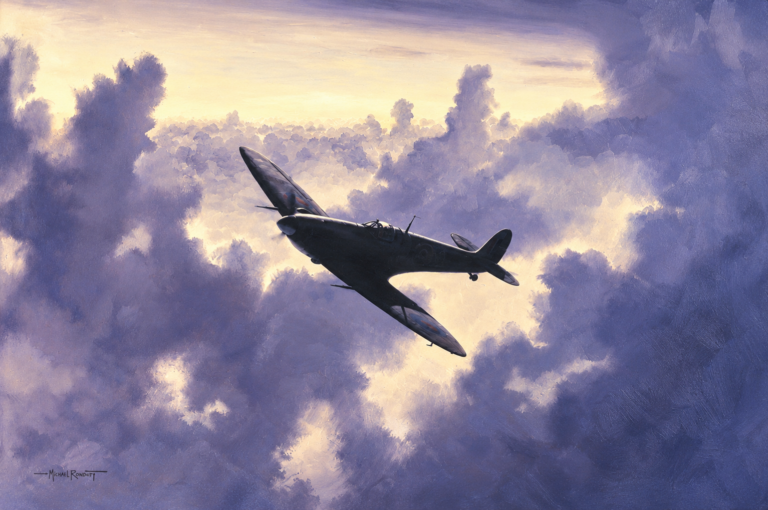 Painted scene of a WWII-era propeller fighter plane soaring through a purple sunset sky among dramatic clouds; painterly style.
