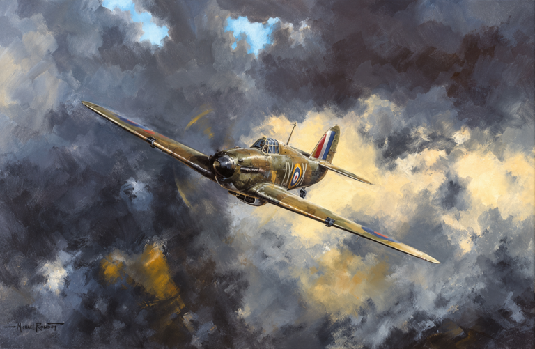 Artistic painting of a WWII Spitfire in olive drab with RAF roundels, flying through dramatic stormy skies.