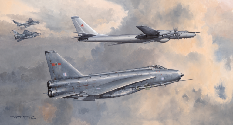 Formation of WWII-era jets: a weathered silver bomber in the foreground with RAF roundel, and a large Soviet-style bomber with a red star in the background amid clouds.
