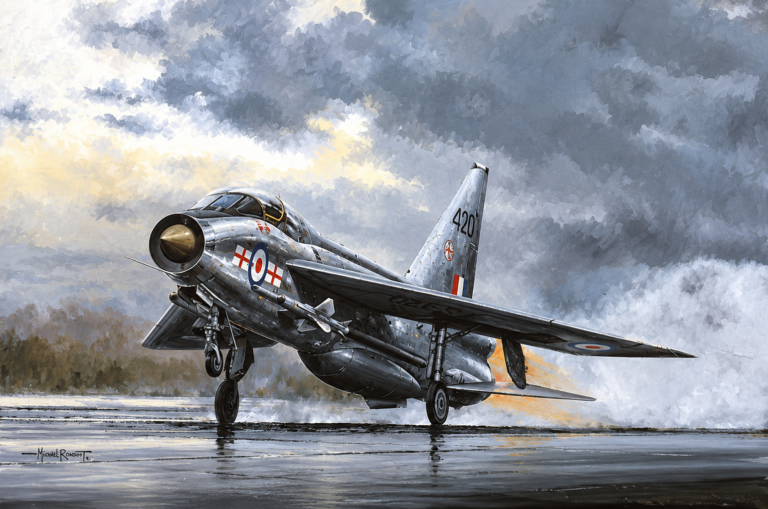 Silver RAF jet on a wet runway, dramatic stormy sky in the background, roundels visible on fuselage.