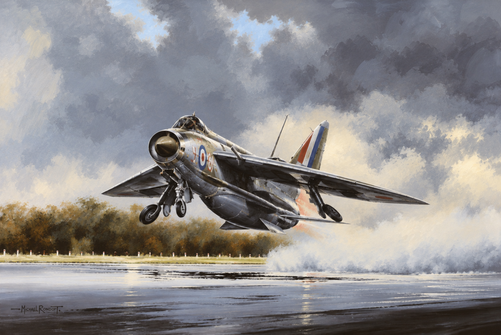RAF fighter aircraft taking off from a rain-soaked runway, with spray behind and a dramatic cloudy sky.