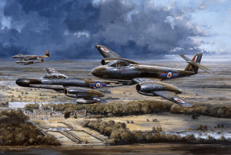 Gloster Meteor jet fighters over Castle Howard in aviation artwork by Michael Rondot