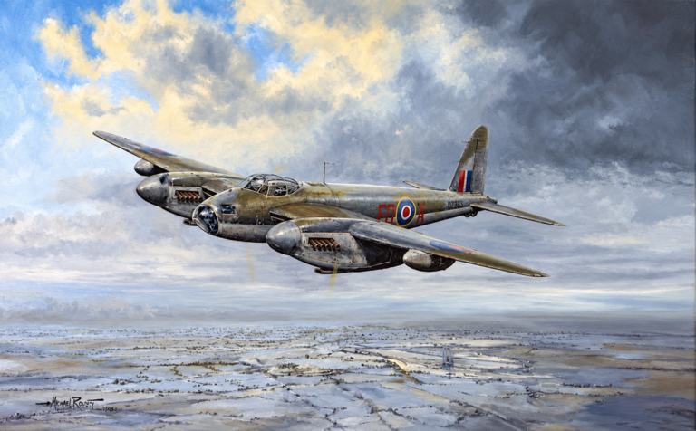 WWII-era British Mosquito bomber with RAF roundels, flying over a snow-covered landscape under a cloudy sky.