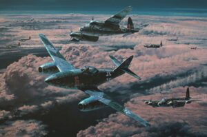 Messerschmitt Me 262 night fighter engaging RAF Mosquitos over wartime Germany