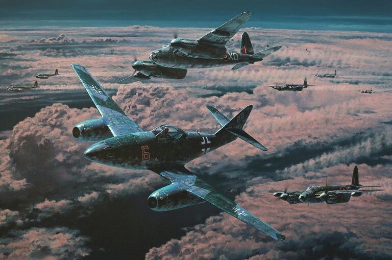 Messerschmitt Me 262 night fighter engaging RAF Mosquitos over wartime Germany
