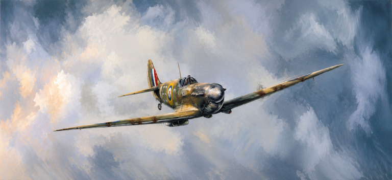 WWII-era fighter plane with RAF roundels flying over dramatic cloudy sky, camouflage olive drab and brown tones.