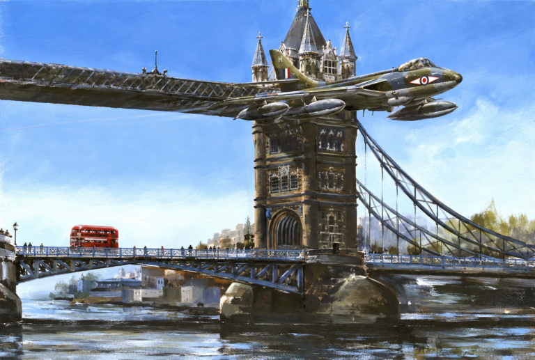 Painting of Tower Bridge in London with a WWII-era aircraft flying across the span and a red double-decker bus on the bridge