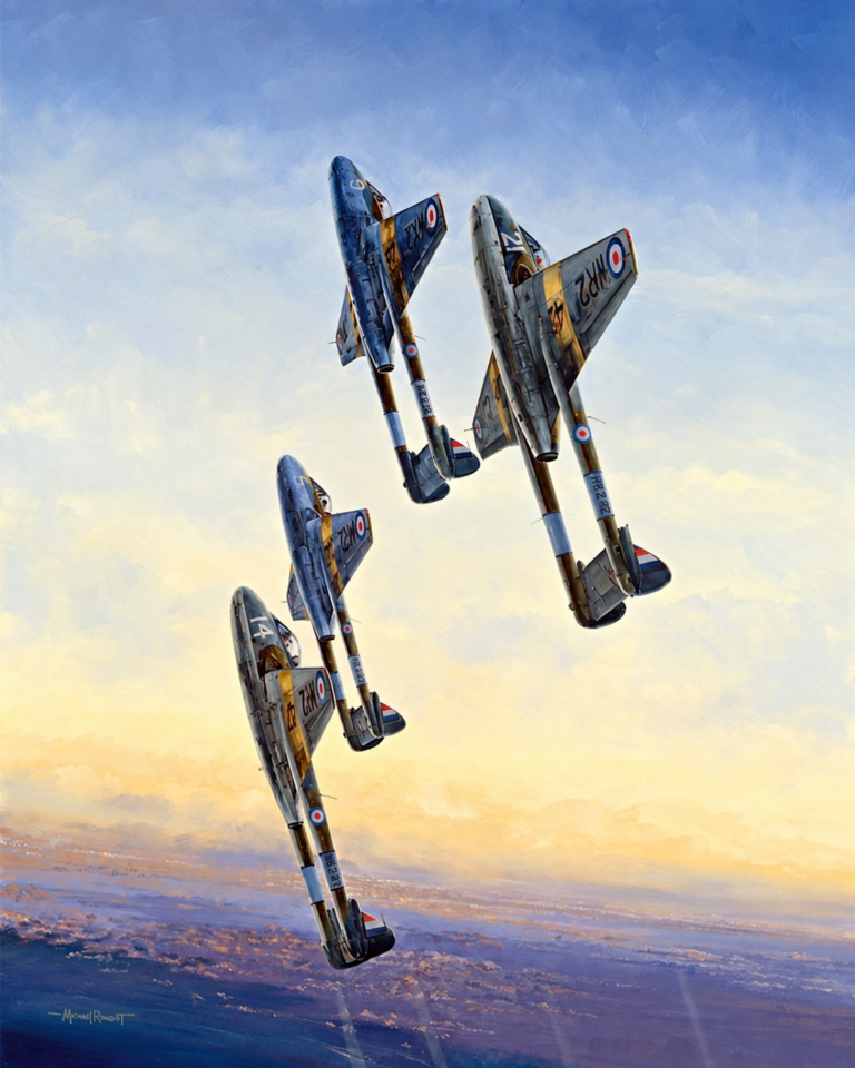 Painting of four WWII-era British fighter planes in formation, silhouetted against a blue-to-sunset sky with RAF roundels on their wings.