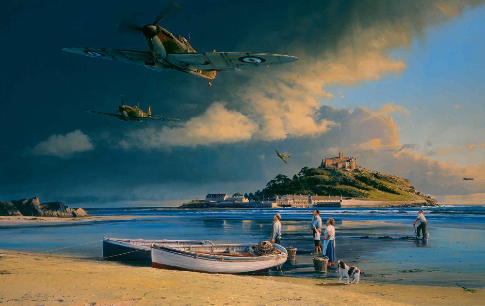 A coastal wartime scene with aircraft flying over a beach, boats and a hilltop fortress.