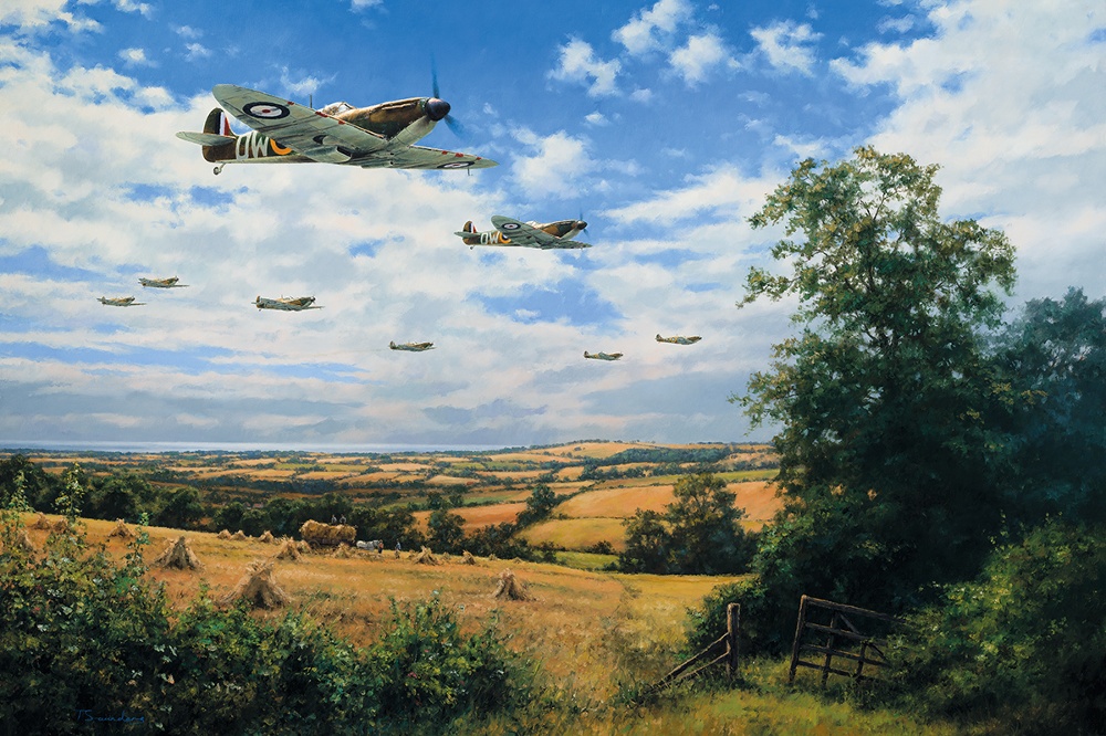 RAF fighter aircraft flying over sunlit countryside and fields.