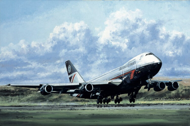 A four-engine jet airliner lifting off a runway beneath a cloudy sky in a painterly scene.