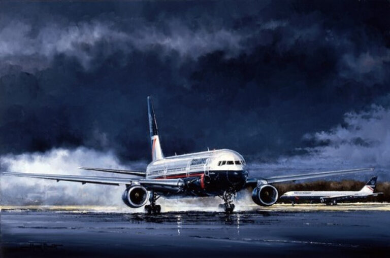 Commercial airliner taxiing on a wet runway under dark storm clouds, with a smaller jet in the background.