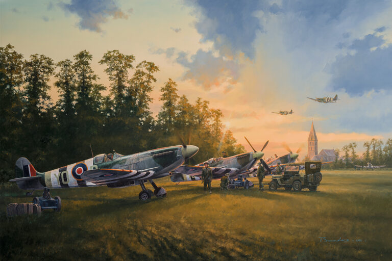 Spitfires and ground crew at a wartime airfield near Normandy.