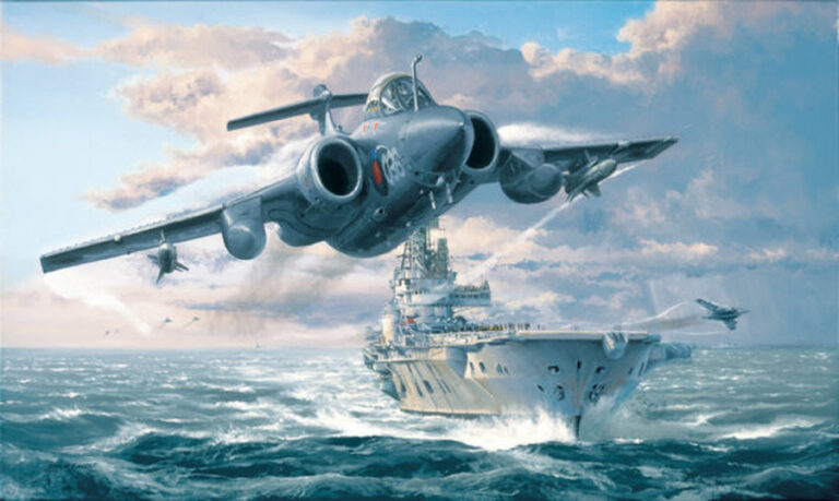 Fighter jet lifting off from an aircraft carrier at sea with blue sky and clouds above.