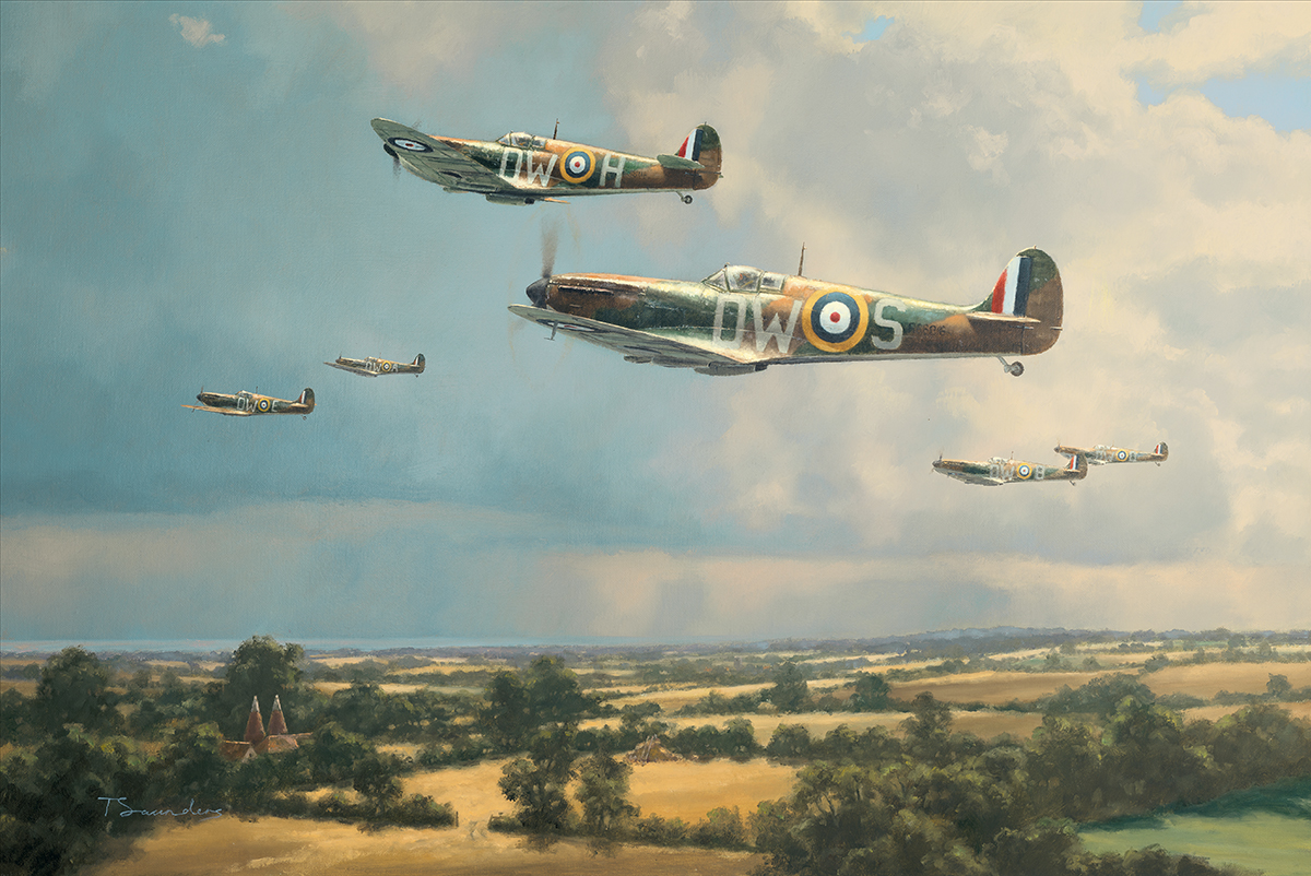 RAF Spitfires flying in formation over a rural landscape.