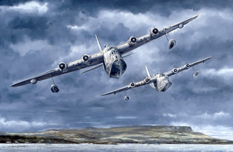 Two large four-engine bombers fly low over a rocky coastline under dark clouds.