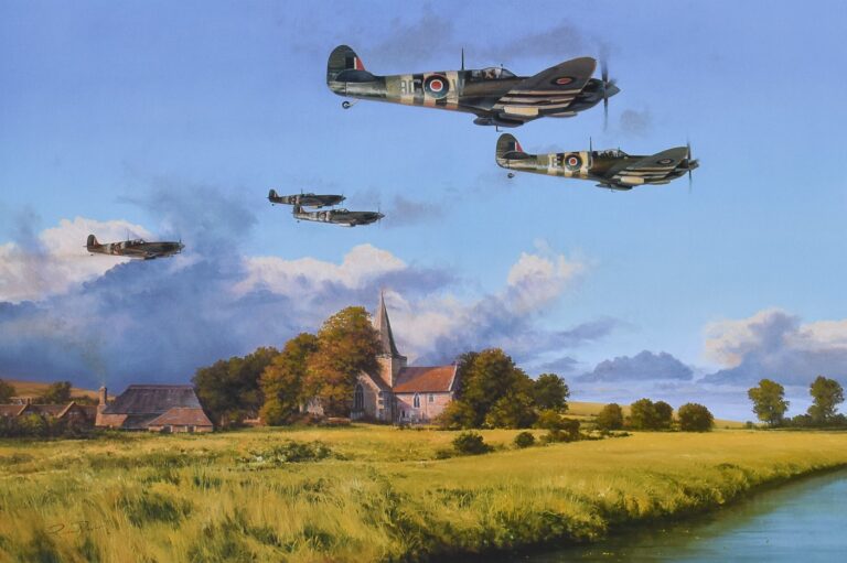 A formation of Spitfires over a village, church and winding river.
