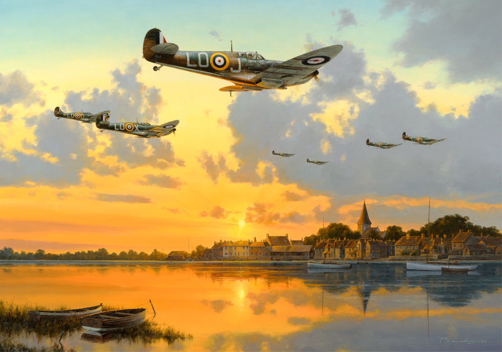 RAF fighters flying above a waterside village in warm evening light.