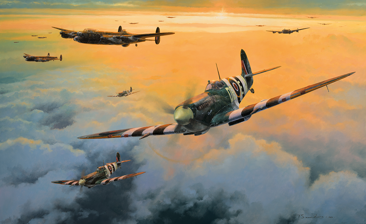 RAF fighter aircraft in formation beneath dramatic evening clouds.
