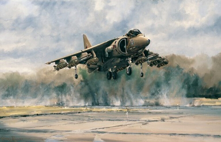 Military jet lifting off from a smoke-filled runway, with missiles mounted under its wings and landing gear down.