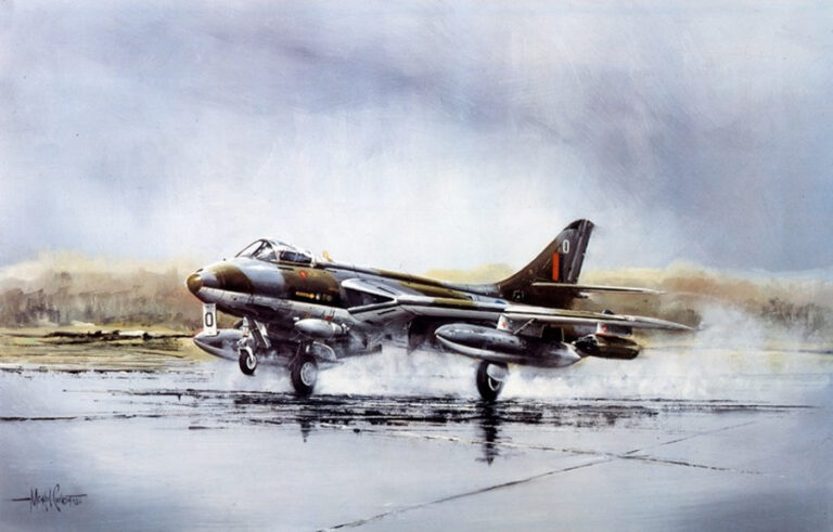 Painting of a military fighter jet on a rain-soaked airstrip, spraying water as it taxis/lands with reflected puddles nearby.