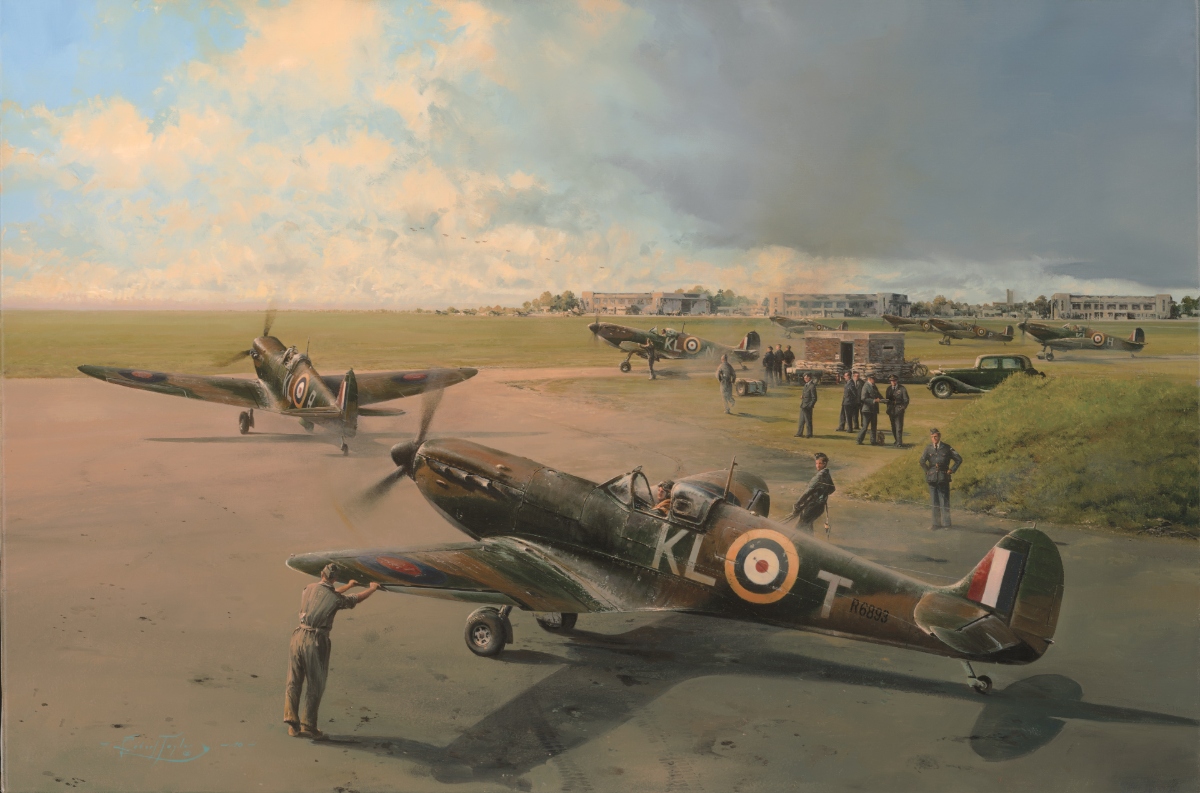 Spitfires and ground crews preparing aircraft at a wartime RAF airfield.