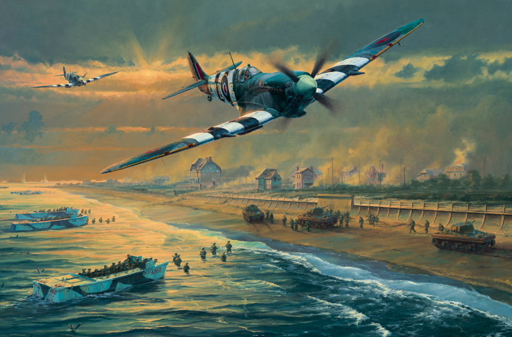 Allied landing craft, troops and aircraft during the Normandy landings.