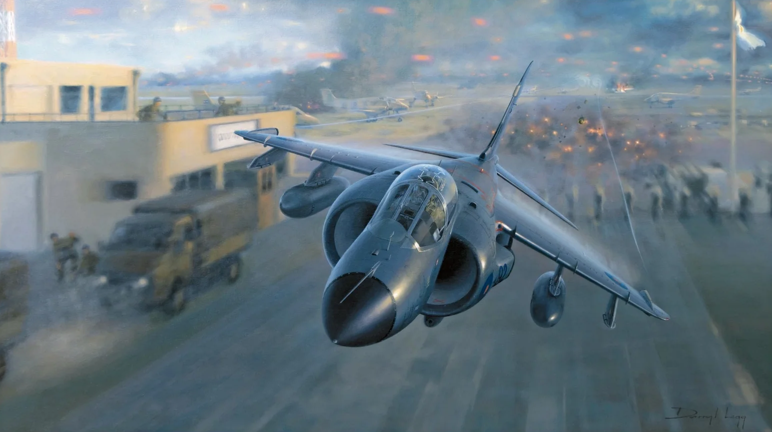 Last Man In by Darryl Legg, depicting David Morgan's low-level Sea Harrier escape from Port Stanley airfield on 1 May 1982