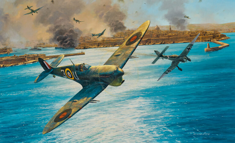 Two fighter aircraft in combat over the sea near Malta.
