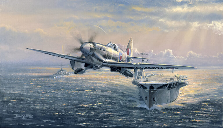 British WWII fighter taking off from an aircraft carrier at sea, with another ship in the distance and a sunset glow on the water