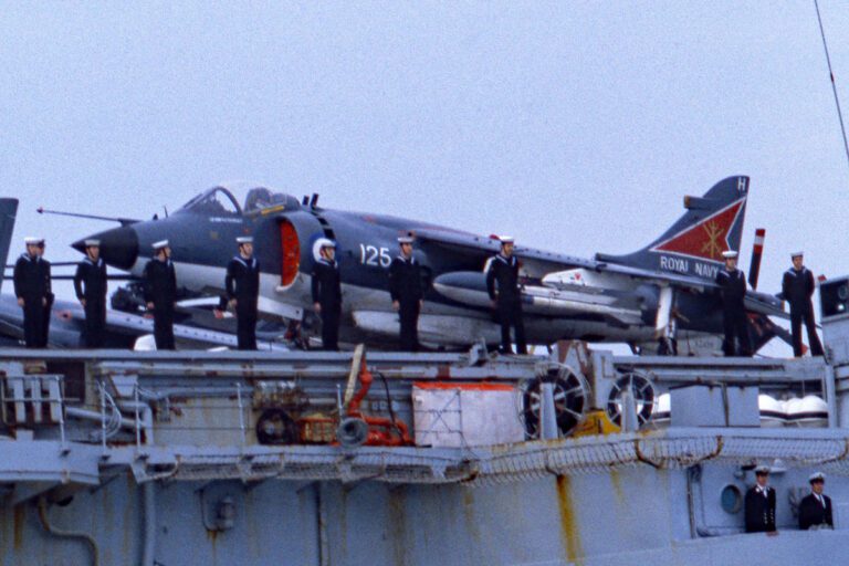 Sea Harrier FRS1 XZ459 aboard HMS Hermes leaving Portsmouth in April 1982