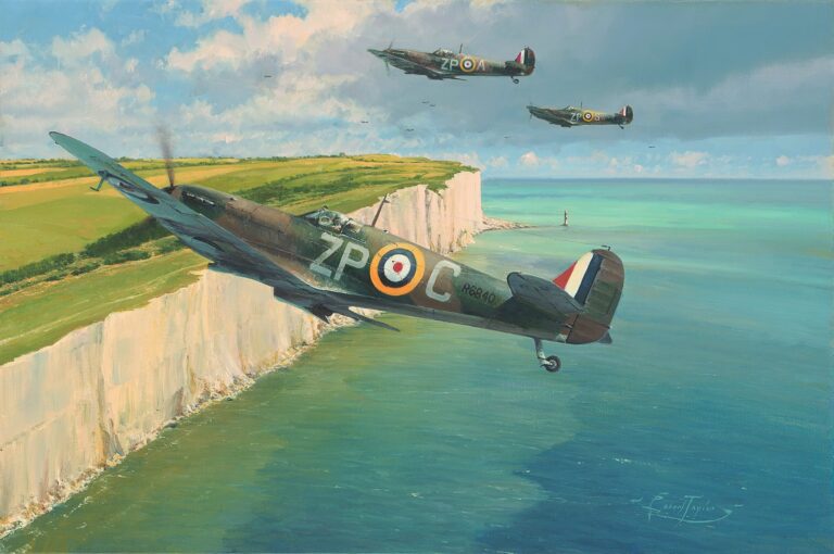 RAF Spitfires flying over the sea and coastline.