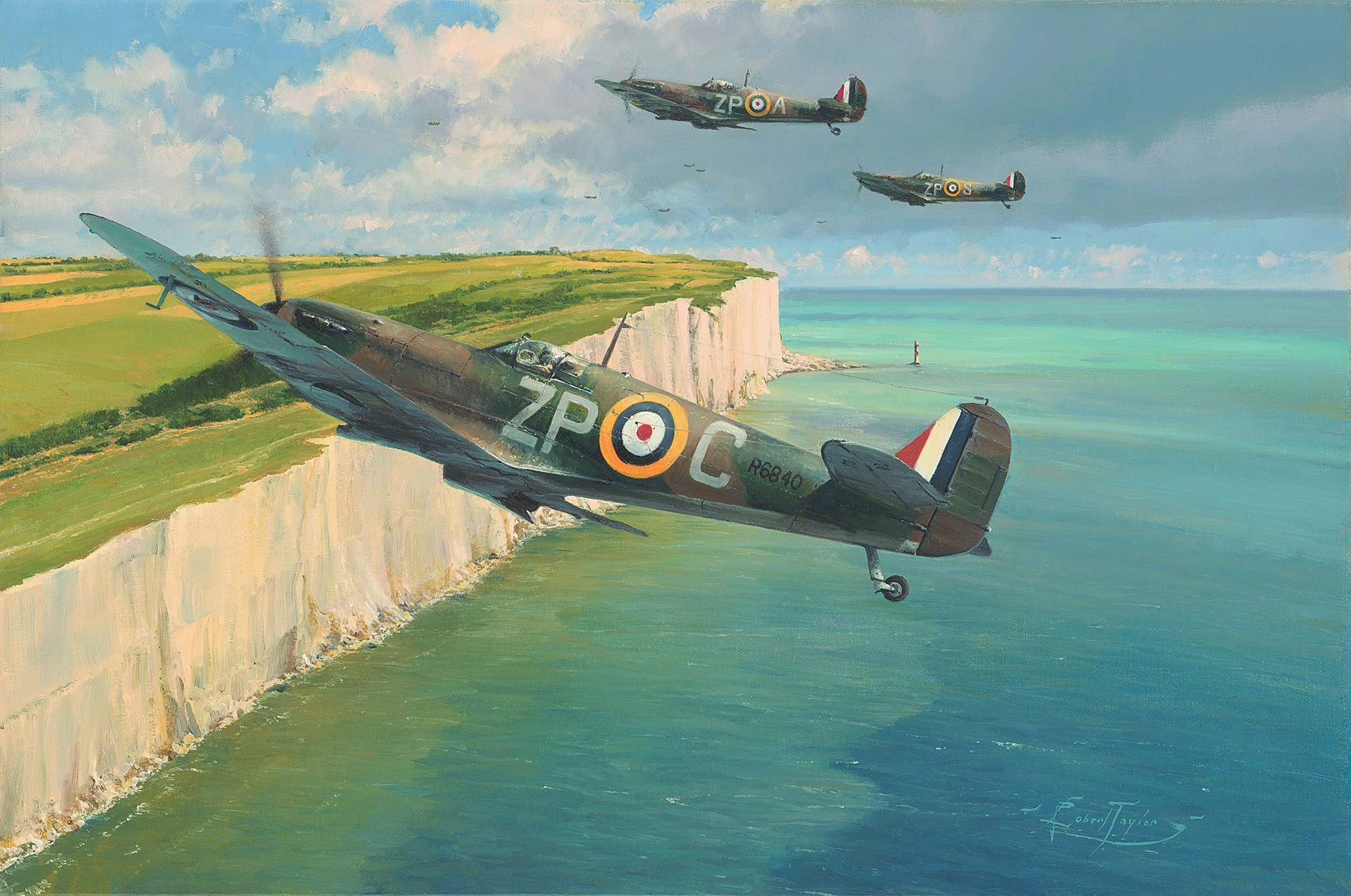 RAF Spitfires flying over the sea and coastline.