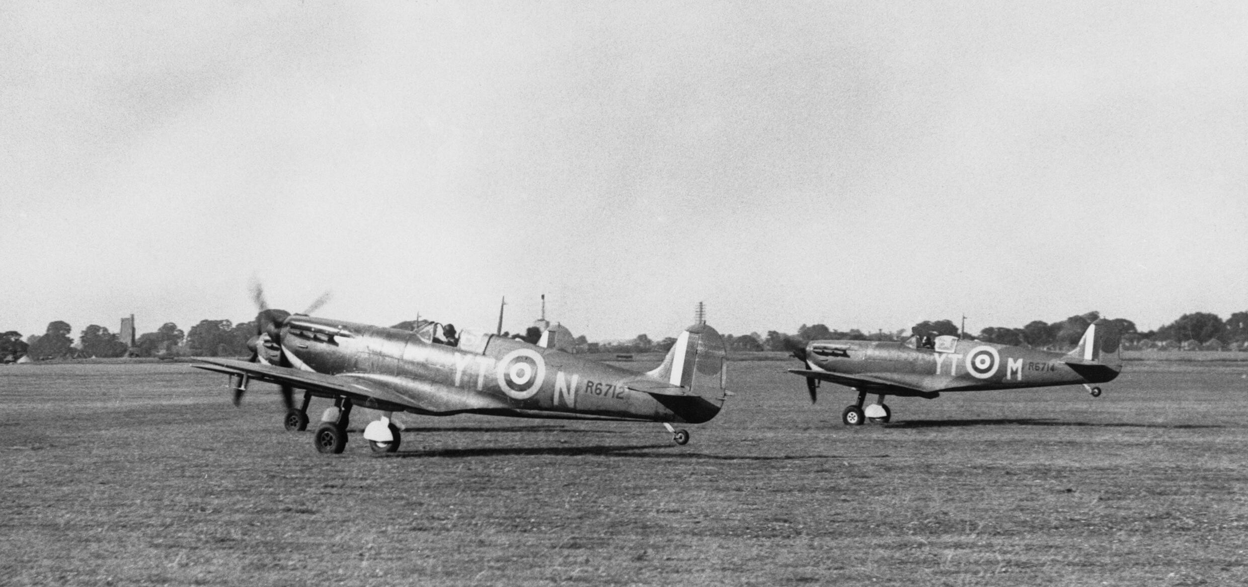 Three No. 65 Squadron Spitfire Mk I aircraft taking off from RAF Hornchurch in August 1940