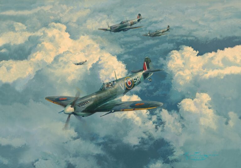 RAF fighter aircraft flying in formation against a cloudy sky.