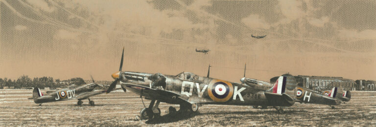 RAF aircraft parked on a grass airfield with wartime hangars behind.