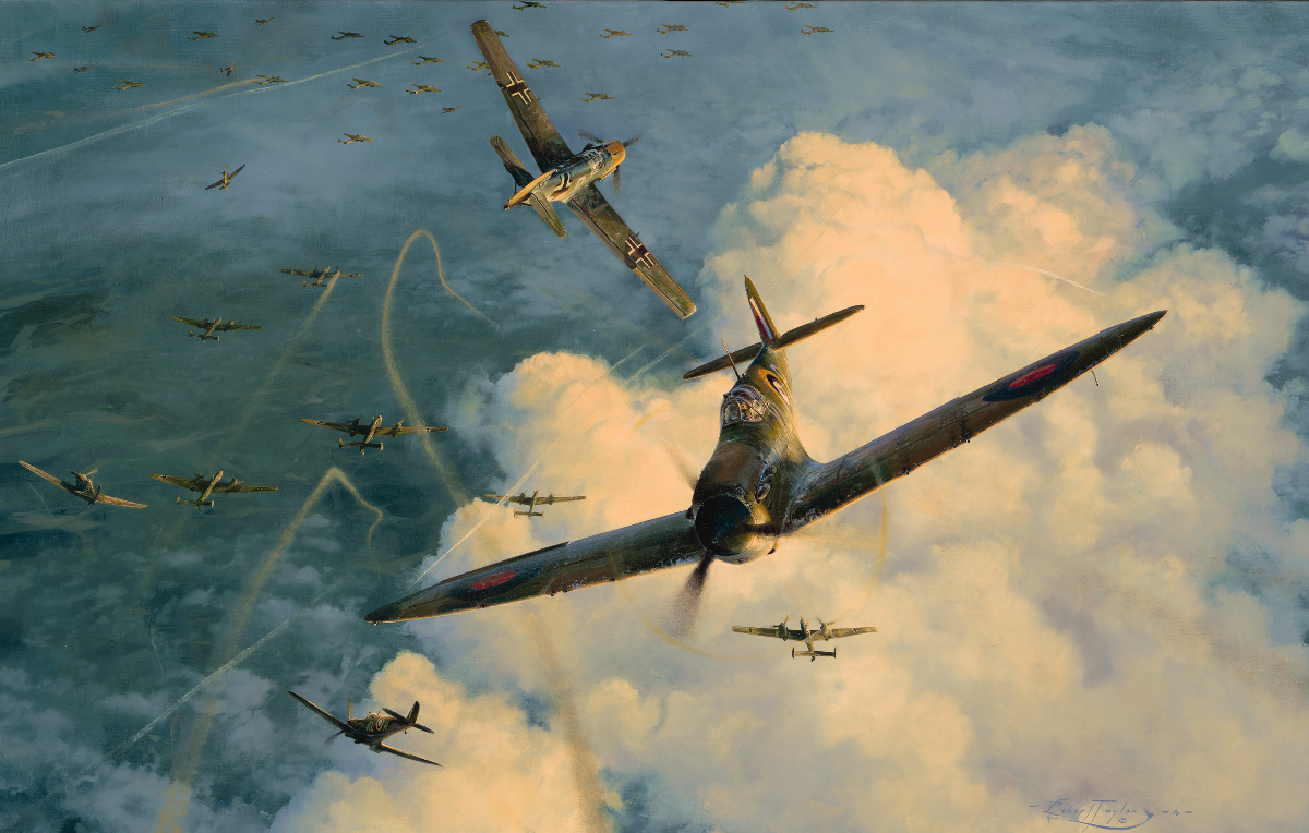 RAF fighters manoeuvring through dramatic clouds during an aerial engagement.